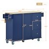 Rolling Mobile Kitchen Island with Drop Leaf - Solid Wood Top; Locking Wheels & Storage Cabinet 52.7 Inch Width(Dark blue)