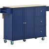 Rolling Mobile Kitchen Island with Drop Leaf - Solid Wood Top; Locking Wheels & Storage Cabinet 52.7 Inch Width(Dark blue)