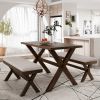 3 Pieces Farmhouse Rustic Wood Kitchen Dining Table Set with 2 Upholstered Benches